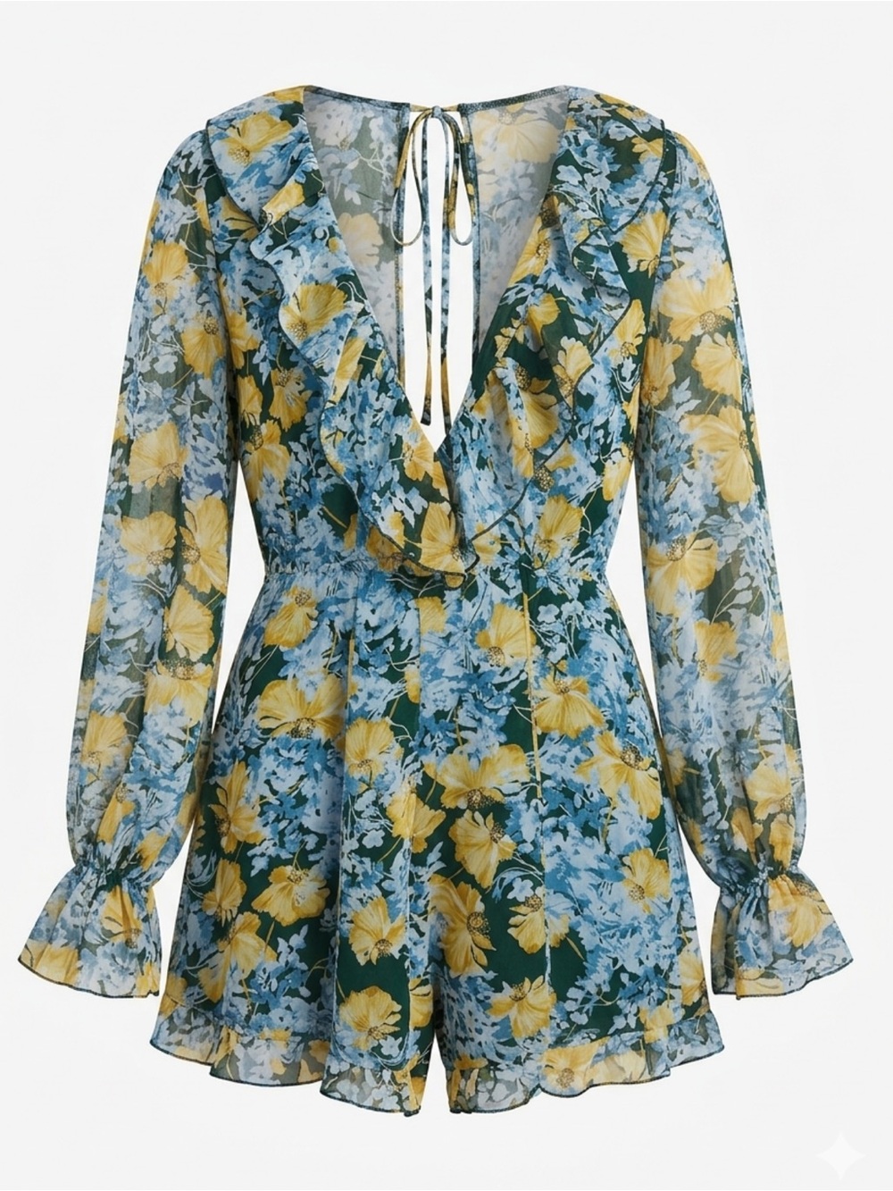 Floral Ruffle V-Neck Long Sleeve Romper in Yellow & Blue